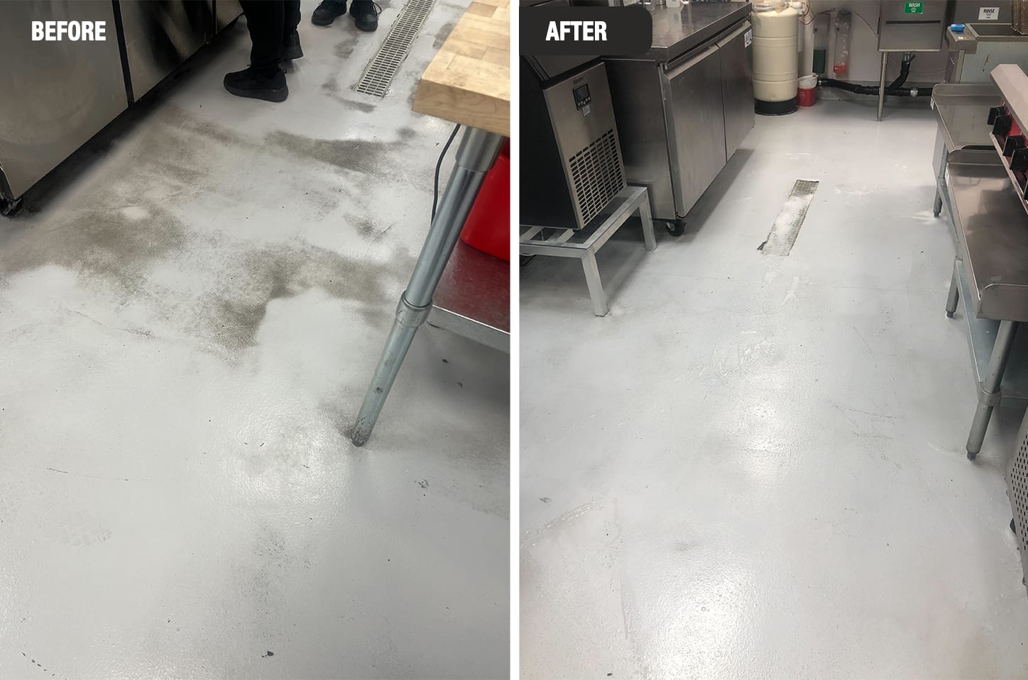Before and after commercial kitchen floor restoration