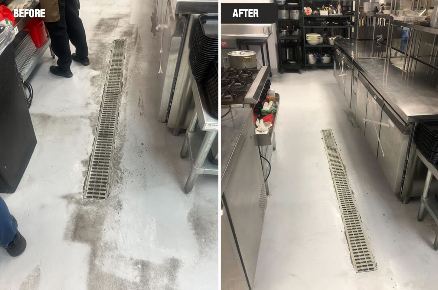 Before and after commercial kitchen trench drain and floor deep clean